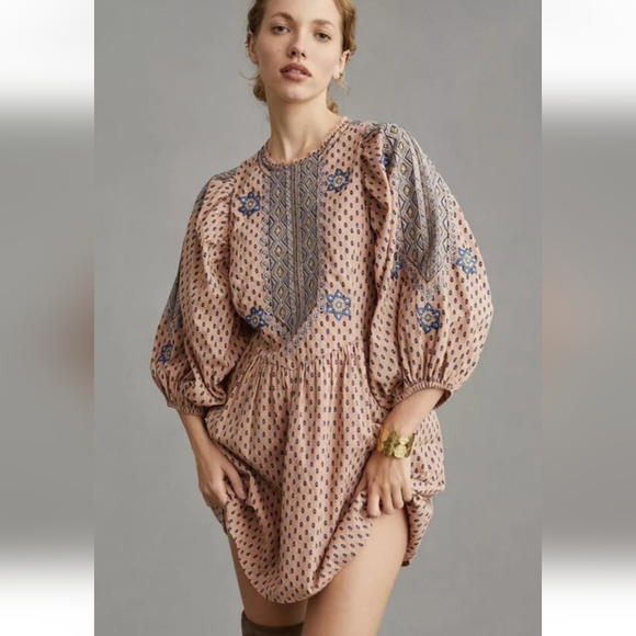 By Anthropologie Embroidered Tunic Drop Waist Mini Dress, bnwt M - Picture 3 of 13